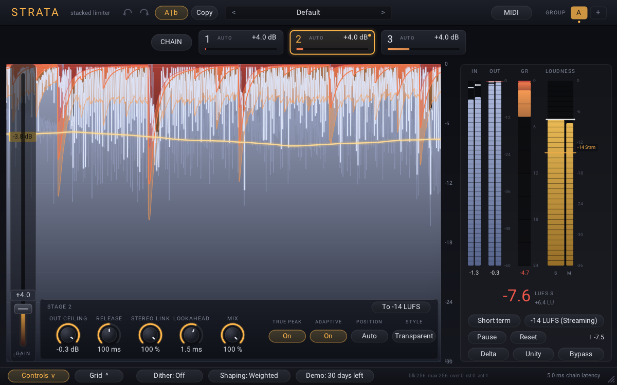 Strata main window: reduction graph, loudness meter and target line